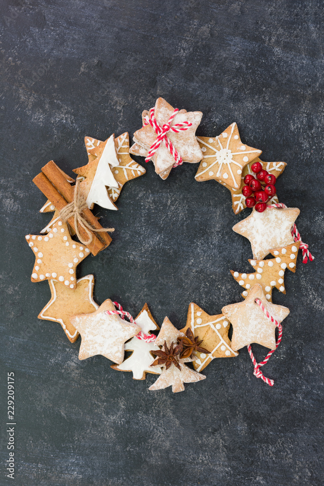 Christmas Holiday wreath flat layout with free copy space. Homemade baked cookies concept. Christmas Holiday wreath flat layout with free copy space. Homemade baked cookies concept.