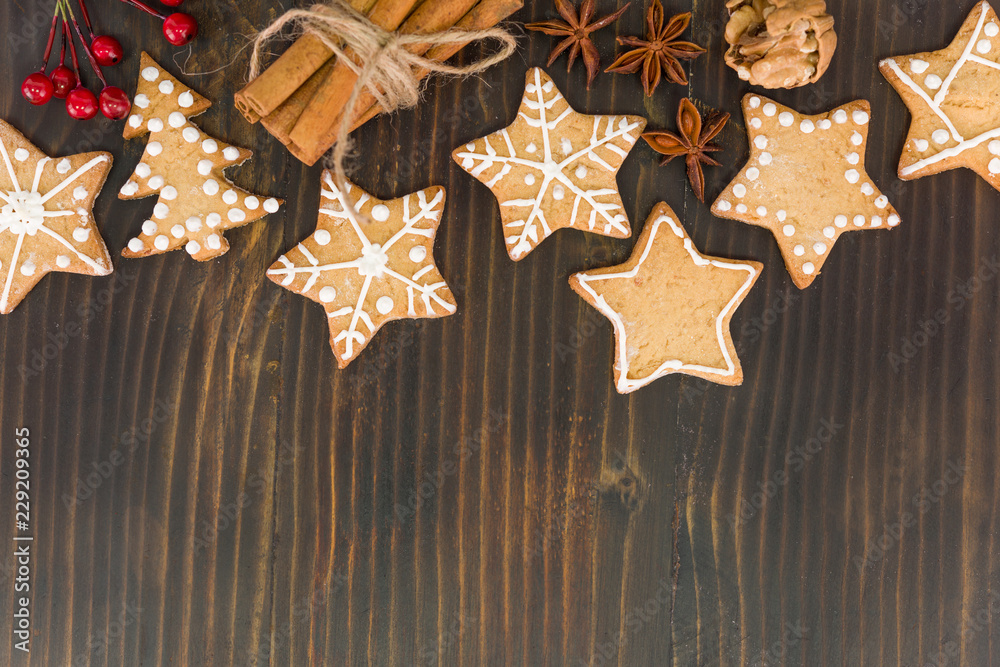 Homemade gingerbread cookies. Flat lay concept with free copy space for text. Homemade gingerbread cookies. Flat lay concept with free copy space for text.