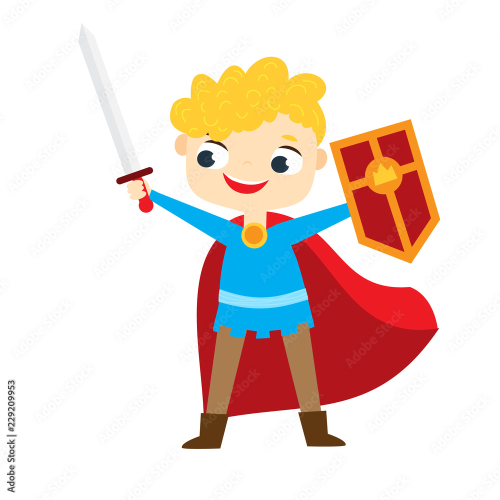 Cute Knight boy. Cartoon kid with shield and sword Cute Knight boy. Cartoon kid with shield and sword