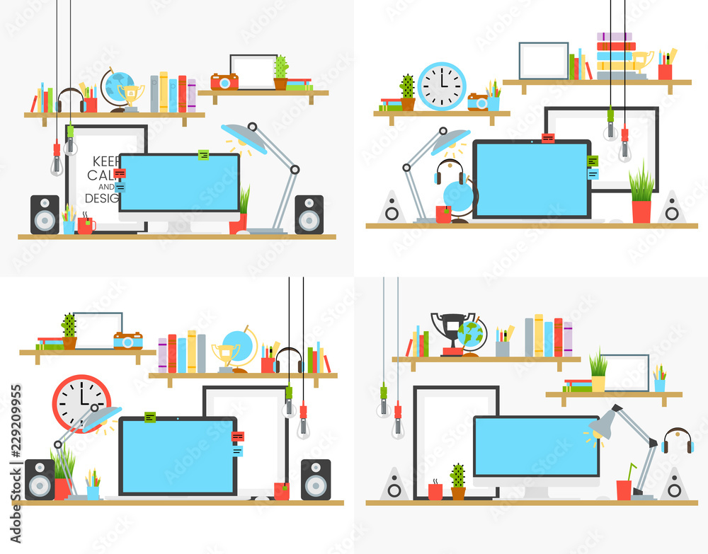 Office workplace design concept set with book shelves and cup of coffee on desk vector illustration. Computer, lamp, sound acoustic Office workplace design concept set with book shelves and cup of coffee on desk vector illustration. Computer, lamp, sound acoustic