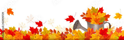Autumn nature panorama with colorful leaves and watering can. Vector