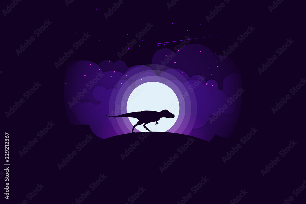 Silhouette dinosaurus on the hill with full moon in the background.