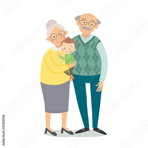 Grandparents with grandchildren. Grandmother, grandfother and little grandson. Cartoon vector hand drawn eps 10 childrens illustration isolated on white background in a flat style.