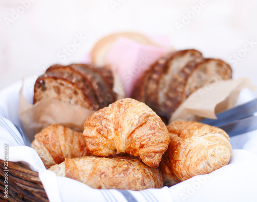 Macro image of a continental breakfast bread basket