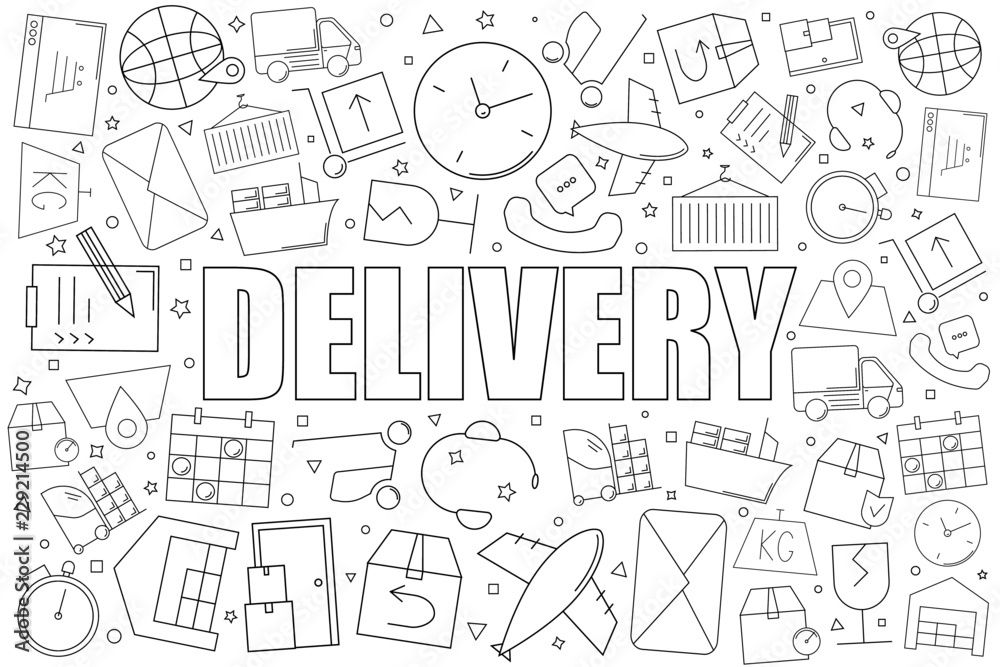 Delivery from line icon with word. Linear vector pattern. Vector illustration Delivery from line icon with word. Linear vector pattern. Vector illustration