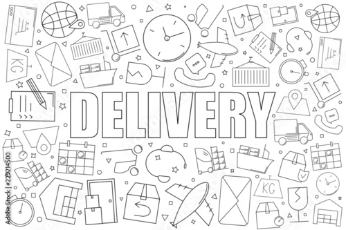 Delivery from line icon with word. Linear vector pattern. Vector illustration