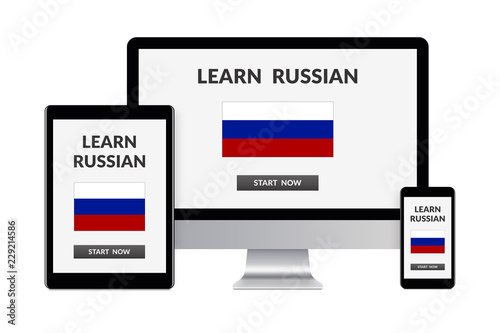 Desktop computer, tablet and smartphone isolated on white with learn russian concept on screen. Digital generated devices.