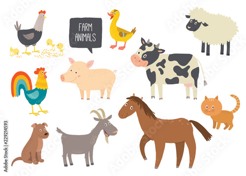 Set of cute farm animals. Horse, cow, sheep, pig, duck, hen, goat, dog, cat, cock. Cartoon vector hand drawn eps 10 childrens illustration isolated on white background.