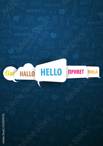 Language Translator banner with hand-draw doodle on the background. Concept of translating agency and interpreting.