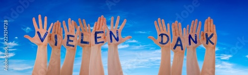 Photos Many Hands Building Vielen Dank Means Thank You, Blue Sky
