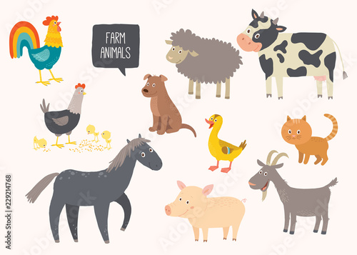 Set of cute farm animals. Horse, cow, sheep, pig, duck, hen, goat, dog, cat, cock. Cartoon vector hand drawn eps 10 childrens illustration isolated on white background.