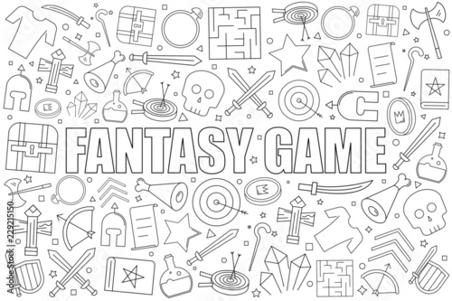 Fantasy game from line icon with word. Linear vector pattern. Vector illustration