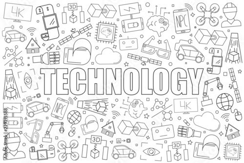 Technology from line icon with word. Linear vector pattern. Vector illustration