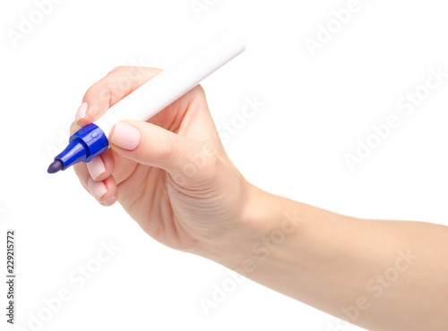 Blue marker in hand on a white background. Isolation