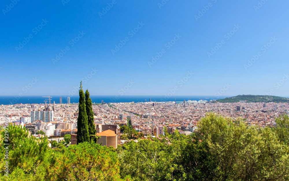 Top aerial panoramic view of Barcelona cityscape, Catalonia, Spain