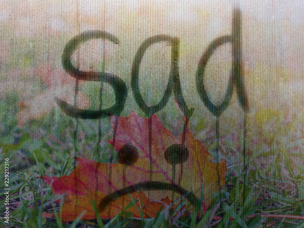 Written by sad and Emoji on misted glass against backdrop of autumn landscape. Autumn, longing, loneliness, problems concept