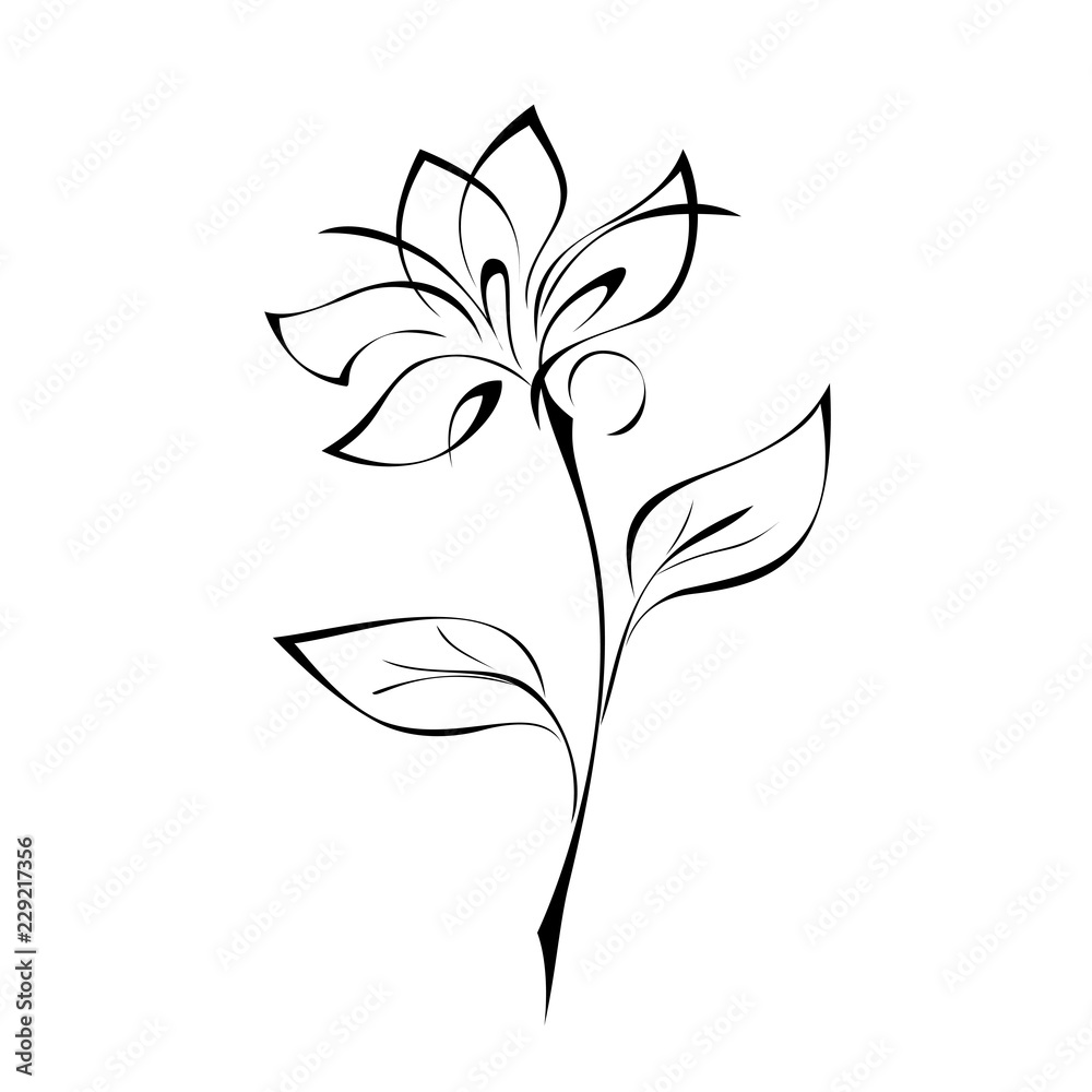 one stylized flower on a stem with leaves in black lines on a white background