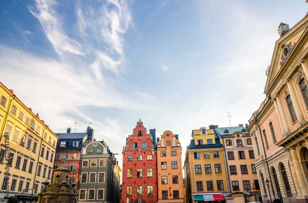 Traditional typical buildings with colorful walls, Stockholm, Sweden