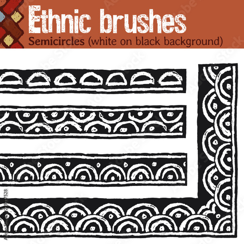 Semicircles (white on black background). 4 pattern brushes for Illustrator in tribal style, made from hand-drawn drawings. All brushes include outer and inner corner tiles.
