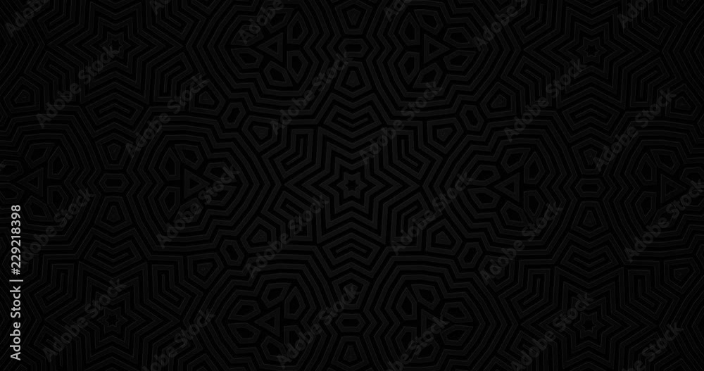 Dark black pure matte geometric background. Stylish minimal modern room. Animation backdrop motion design. Seamless looped abstract shape moving. Kaleidoscope random pattern. Abstract ornament outline