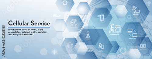 Mobile Cellular Service Web Header Banner with Cellphone Towers and Service area.