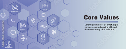 Core Values Web Header Banner image with Integrity, Mission, etc Icon Set