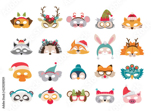 Fototapeta Naklejka Na Ścianę i Meble -  Collection of winter animal masks and Christmas photo booth props for kids. Cute cartoon masks and elements for a party. vector illustration