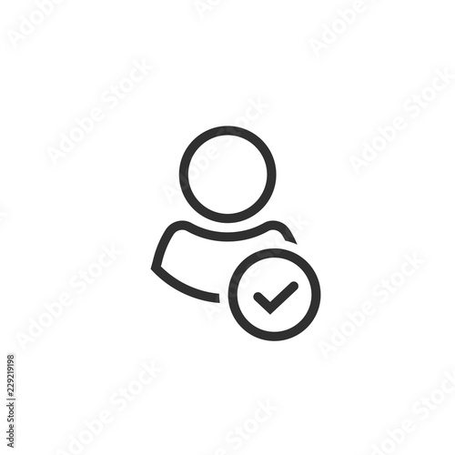 Profile with checkmark icon vector, line outline art user account accepted symbol with tick, approved or applied person sign, validation verified pictogram, authorized member isolated
