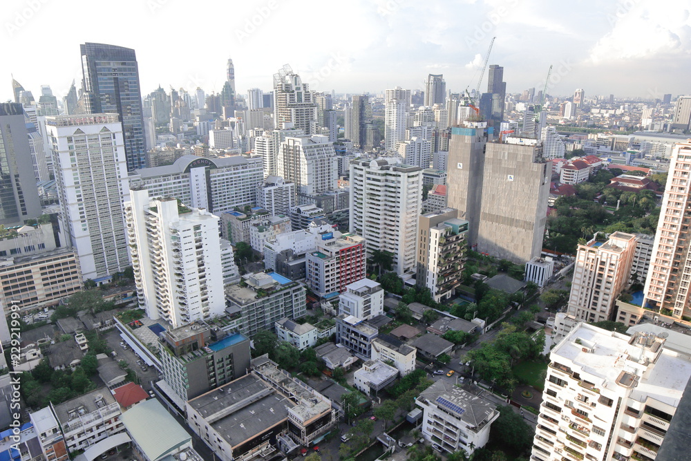 Fototapeta premium Bangkok, Thailand - 30 October, 2018:The city escape sky view from MRT Sukumbit, office building, condominiums and hotels in business area around sukhumvit road, in afternoon