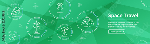 Space Travel or Tourism Web Header Banner with spaceship, telescope, and planets