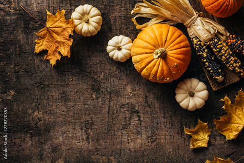Pumpkins and corn and autumn leaves on old shabby background. Autumn background with copy space.