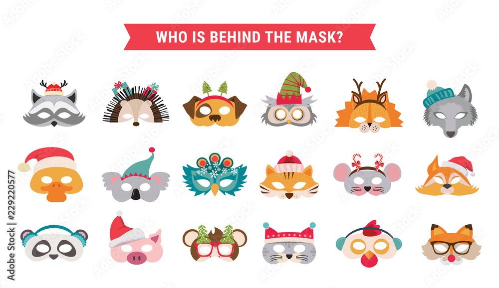 Collection of winter animal masks and Christmas photo booth props for kids. Cute cartoon masks and elements for a party. vector illustration