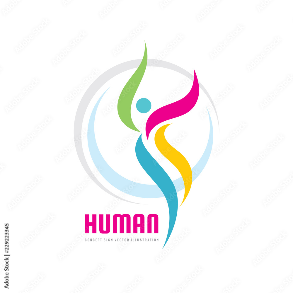 Obraz premium Abstract human character - vector business logo template concept illustration. Wellness creative sign. Sport fitness symbol. Happiness freedom icon. Graphic design element.