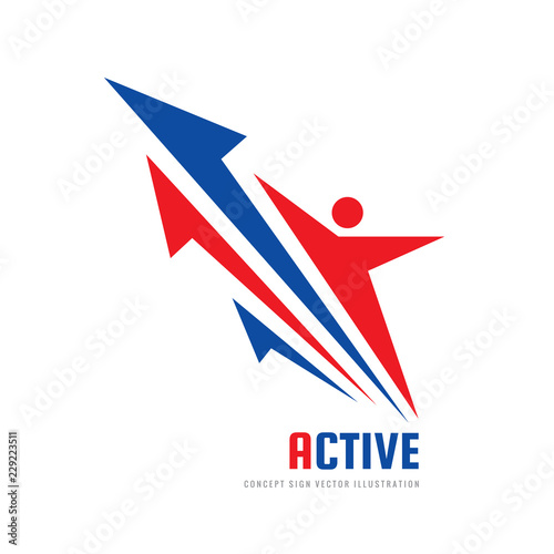 Human character - vector logo template concept illustration. Active sport and fitness people creative sign. Abstract shapes. Arrows development strategy. Graphic design element.
