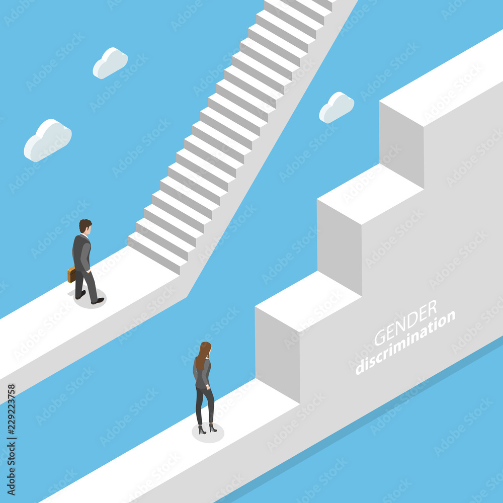Isometric flat vector concept of gender discrimination, inequality of career and professional life.