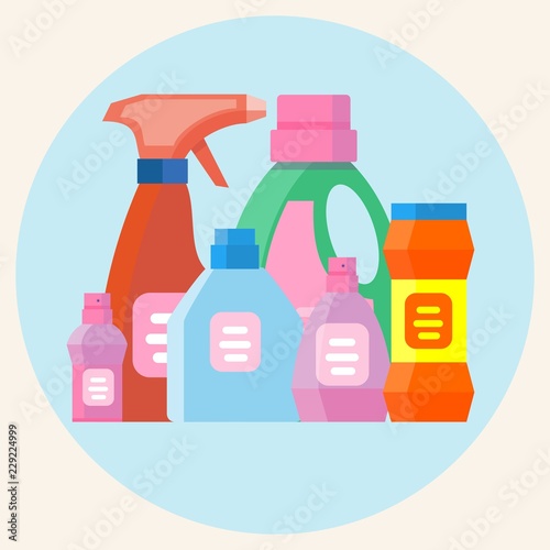 cleaning equipment isolated. Colored plastic bottles with Detergent isolated on background . Stock flat vector illustration. Set.