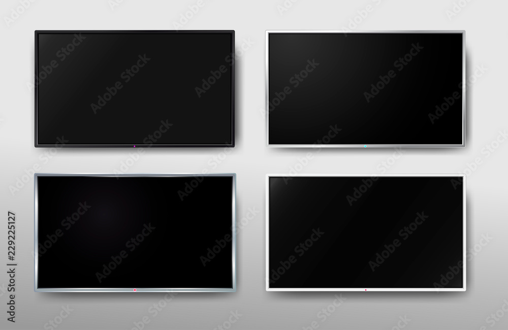 Set of Modern TV screen. Display wide tv. Digital realistic black screen. 4k, LCD or LED tv screen. Vector illustration. Isolated on white background.