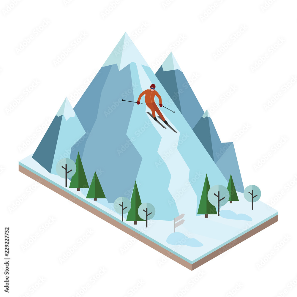 Isometric vector man pulls off the mountain. Alpine skiing, winter sport. Olimpic games, recreation lifestyle, activity speed extreme