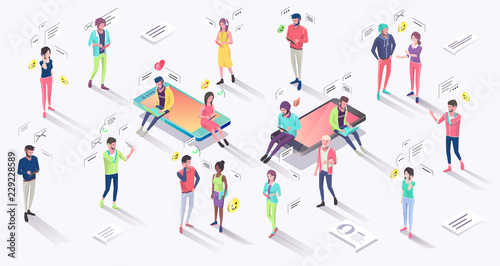 Isometric concept with mobile phone, people and push notification.