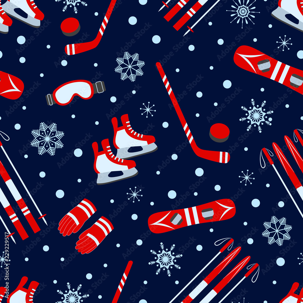 Winter sports seamless pattern. Vector illustration. Winter outdoors repeat texture. Activities template print. Ice hockey, skating, skiing, snowboarding equipment. Dark backdrop.