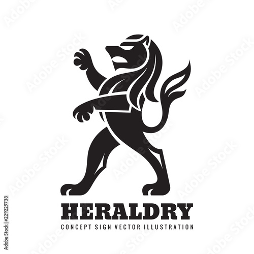Fototapeta Naklejka Na Ścianę i Meble -  Lion standing on its hind legs - concept business logo template vector illustration. Heraldic figure. Animal wildlife black silhouette. Pride, strong, power symbol. Graphic design element. 