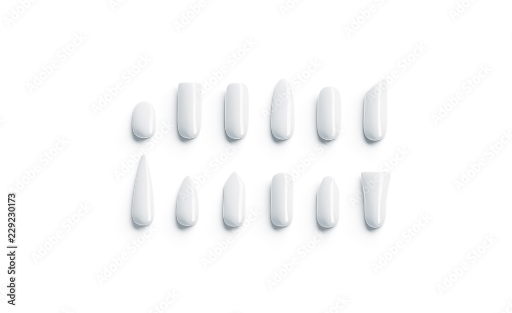 Blank white artificial nails shape type mockup set, top view, 3d ...