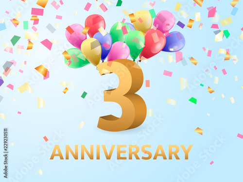 Third Anniversary with confetti and balloons. Vector illustration