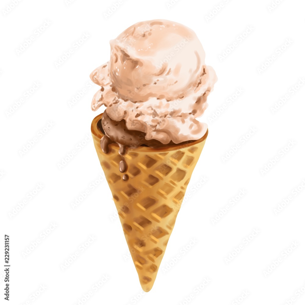 Hand drawn vanilla and chocolate ice cream in waffle cone, isolated on white background. Delicious realistic food illustration. Hand drawn vanilla and chocolate ice cream in waffle cone, isolated on white background. Delicious realistic food illustration.