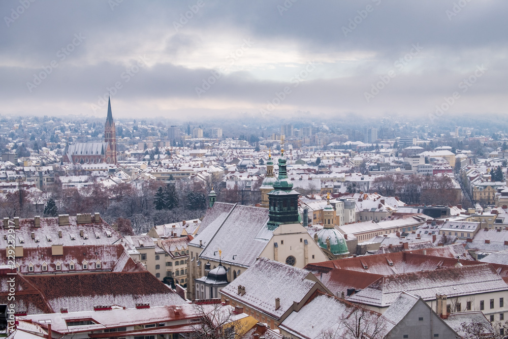 View from Schlossberg in Graz to Herz-Jesu-Church in winter
