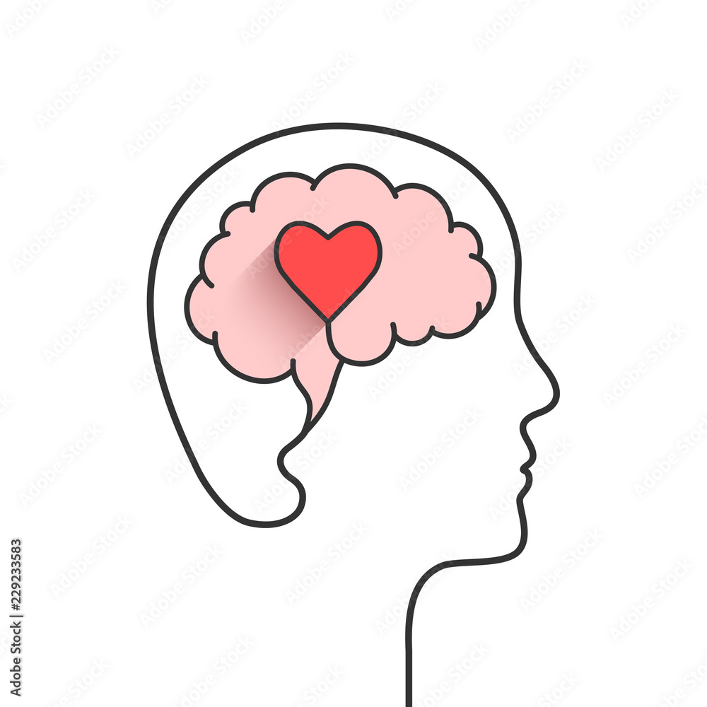 Vecteur Stock Human head and brain silhouette with heart shape as love,  mental health or emotional intelligence concept | Adobe Stock