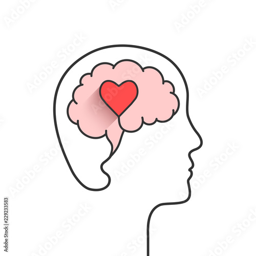 Fototapeta Naklejka Na Ścianę i Meble -  Human head and brain silhouette with heart shape as love, mental health or emotional intelligence concept