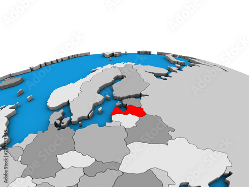 Latvia on political 3D globe.
