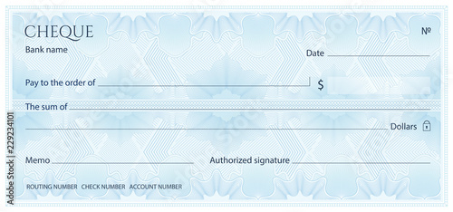 Check, Cheque (Chequebook template). Guilloche pattern with abstract floral watermark, border. Blue background for banknote, money design, currency, bank note, Voucher, Gift certificate, Money coupon