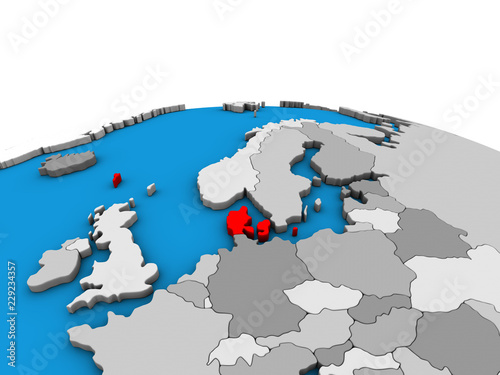 Denmark on political 3D globe.